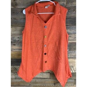 Threehearts Women's Sz L Orange Sleeveless Collared V-Neck Hi Lo Hem Top